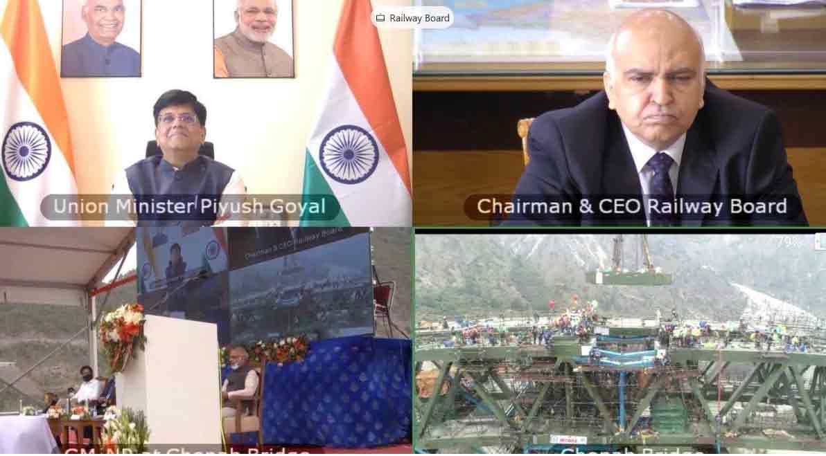 Chenab Bridge steel completion seen by Piyush Goyal