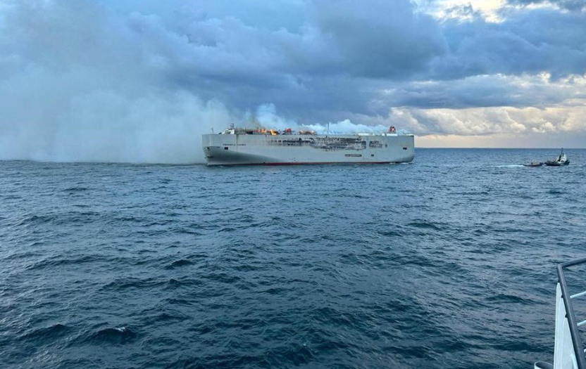 Ship carrying nearly 3,000 cars ablaze off Dutch coast, crew member dead